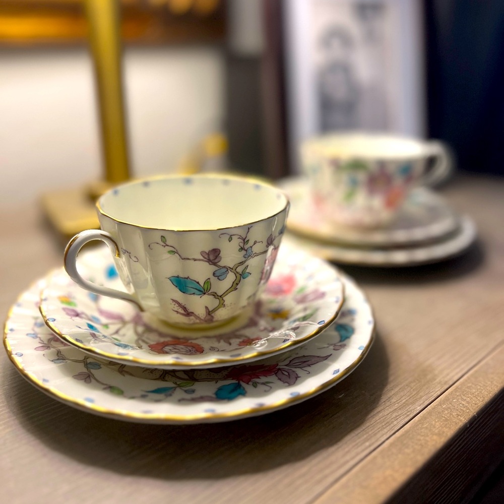 Royal Worcester Kashmir Floral Teacup, Saucer, Bread and Butter plate. Set of 2